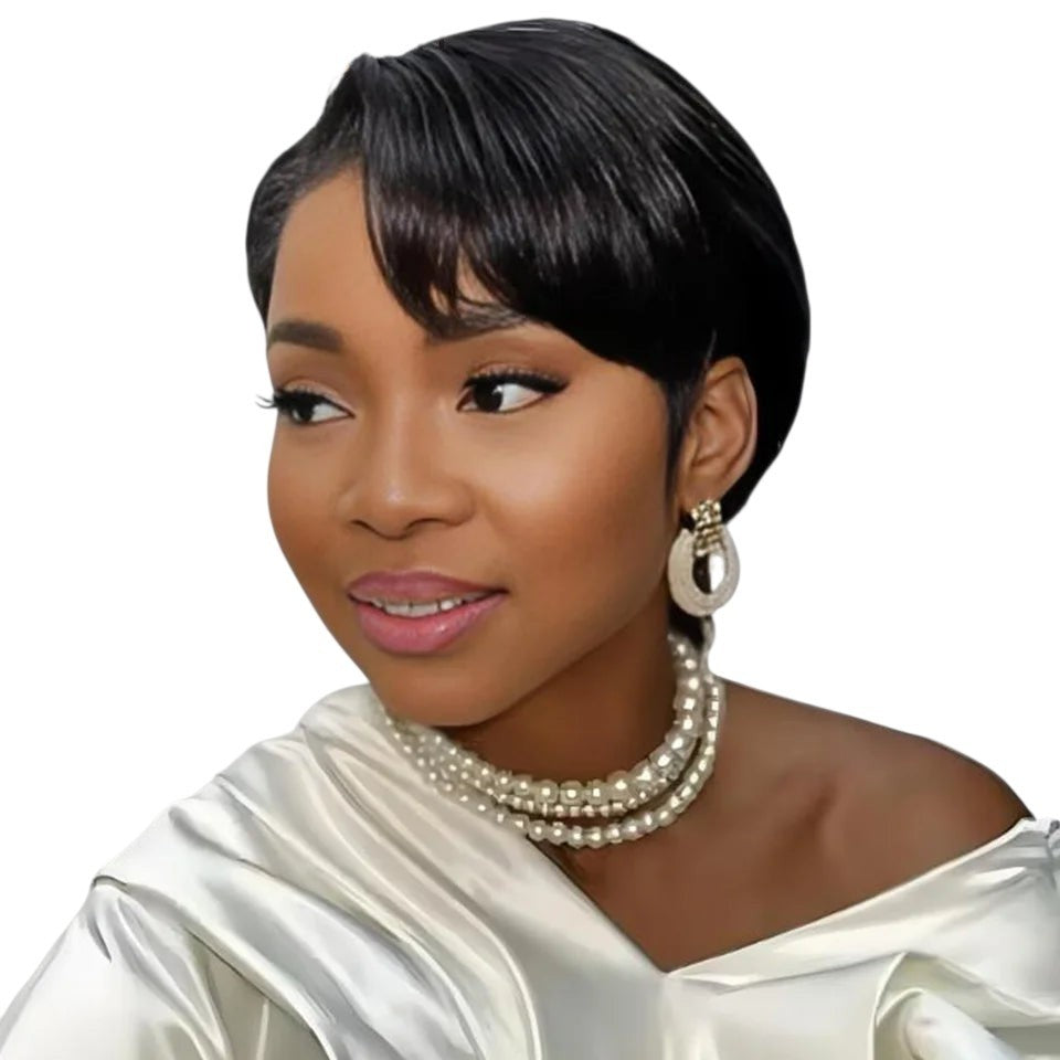 RitzWigs short black straight pixie cut human hair wig with a side part worn by a woman in a white satin top