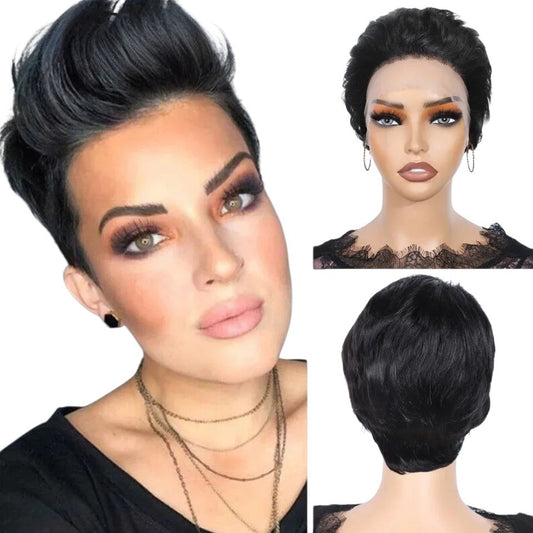 RitzWigs short black pixie cut human hair lace front wig on a model and mannequin head