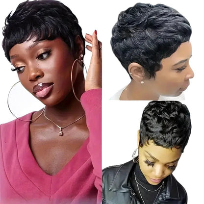 RitzWigs short black Brazilian Remy human hair pixie cut wig with textured layers and bangs on diverse models
