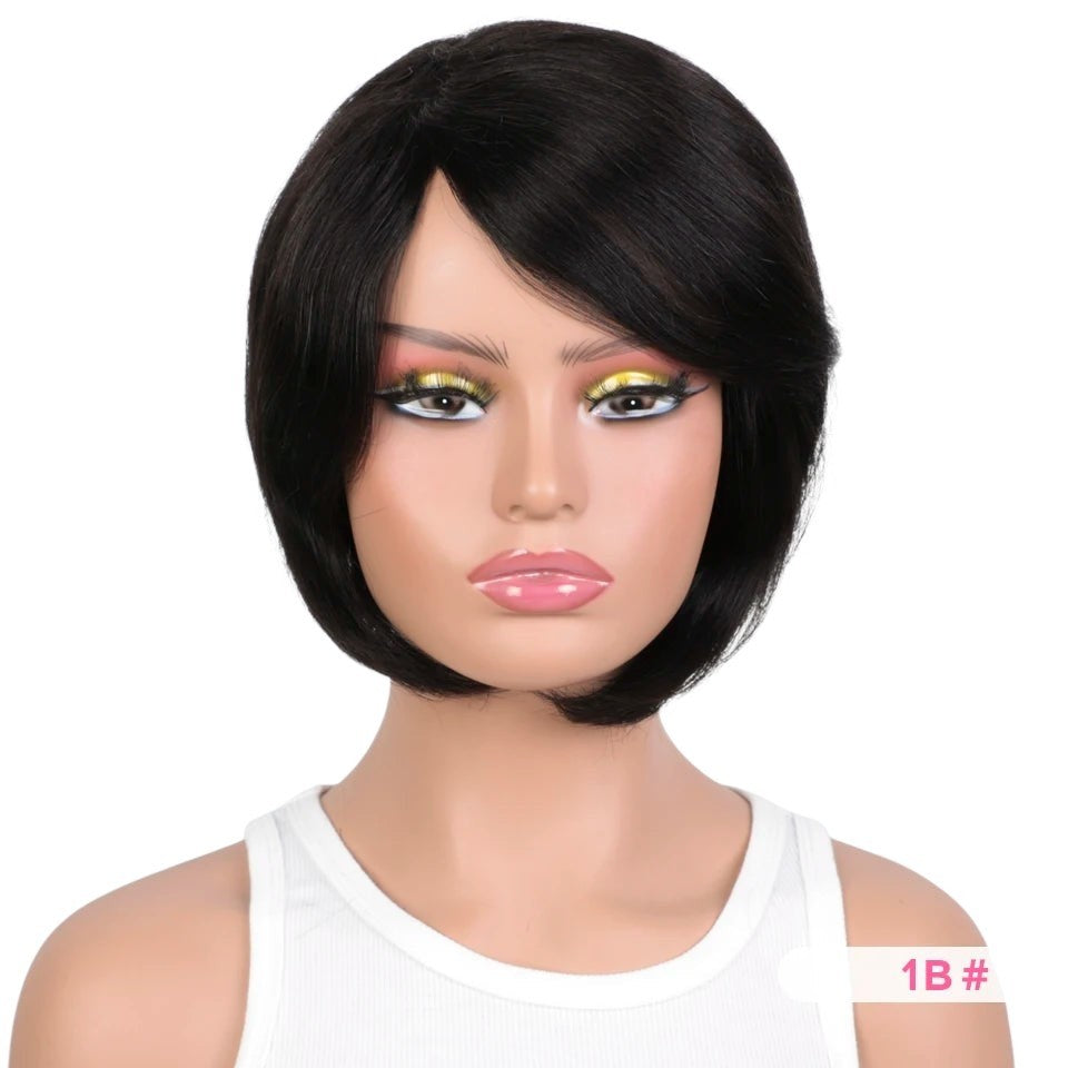RitzWigs short black straight bob wig with side-swept bangs on a mannequin head