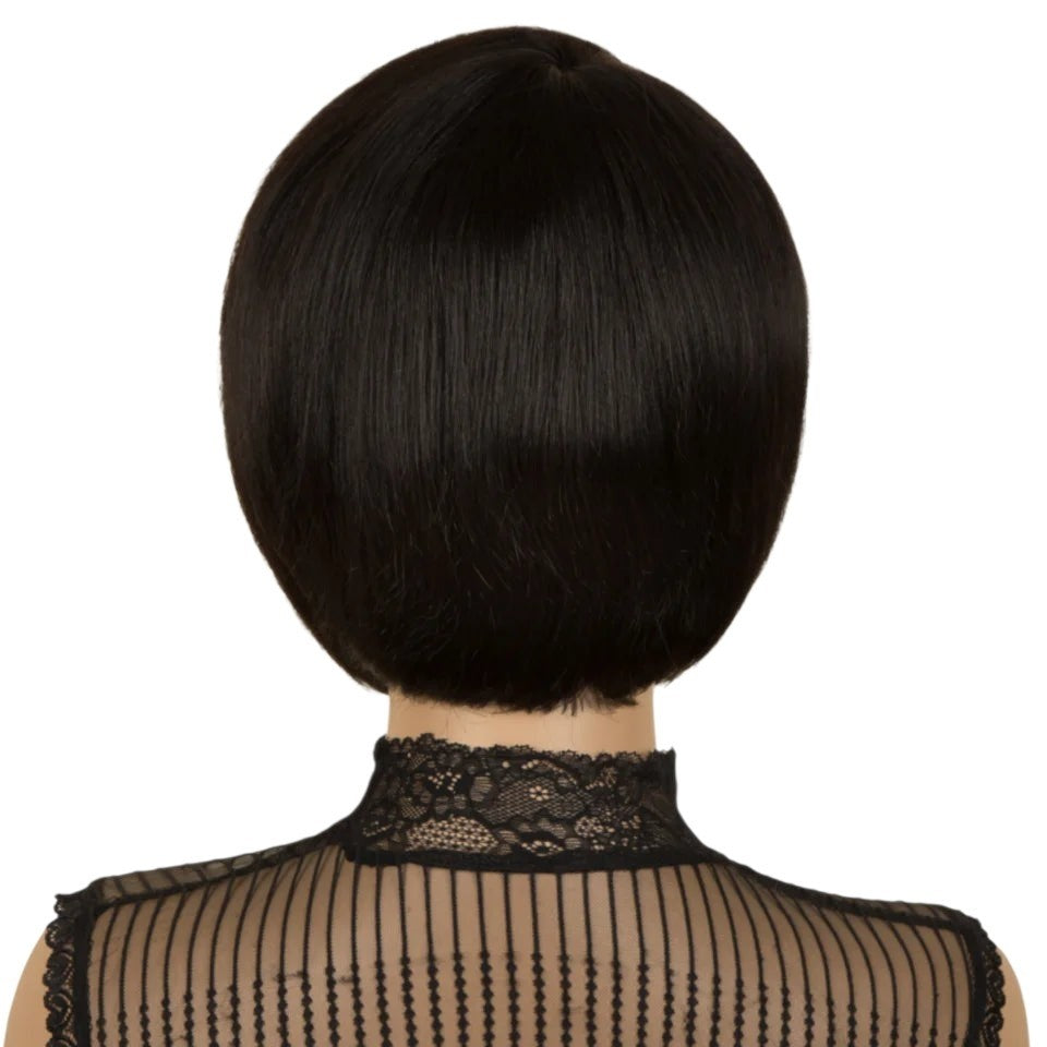 RitzWigs short black straight human hair bob wig on a mannequin, back view showing smooth texture and natural cut.