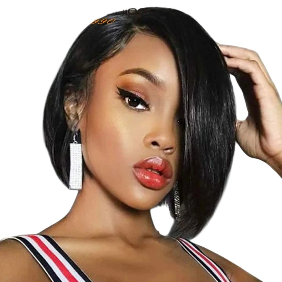 RitzWigs short black straight pixie bob human hair wig with a side part worn by a woman with glamorous makeup