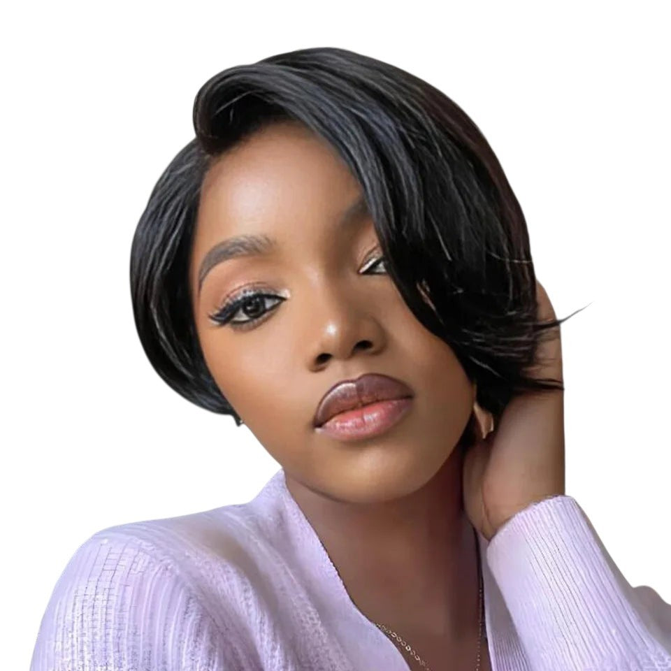 RitzWigs short black straight Brazilian human hair pixie bob wig with side-swept bangs worn by a model