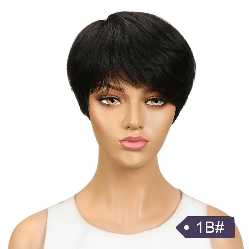 RitzWigs short black straight human hair wig with bangs on a mannequin head