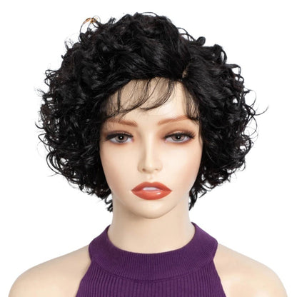RitzWigs short black wavy bob human hair wig with lace front on a mannequin head