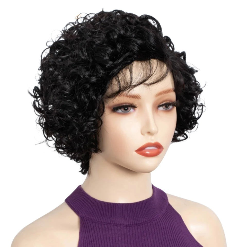 RitzWigs short black wavy bob human hair wig with lace front on a mannequin head