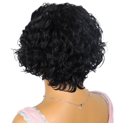 RitzWigs short black pixie cut wig with wavy texture on a mannequin wearing a pink top, back view