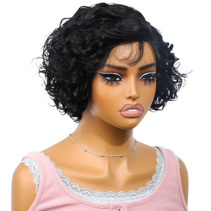 RitzWigs short black wavy pixie cut human hair lace wig with baby hair on a mannequin head