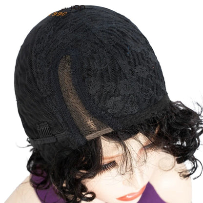 RitzWigs short body wave human hair bob wig showing the interior black Swiss lace cap construction on a mannequin