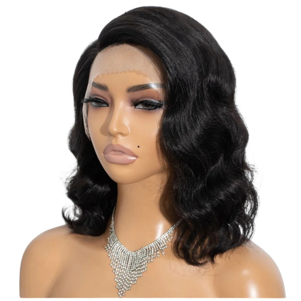 RitzWigs short body wave bob wig with transparent HD lace front on a mannequin, featuring natural pre-plucked hairline.