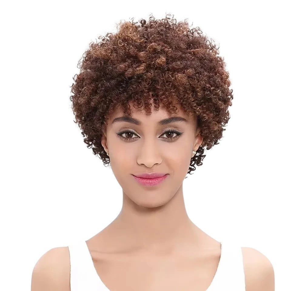 RitzWigs short brown Afro kinky curly Brazilian Remy human hair wig worn by a model