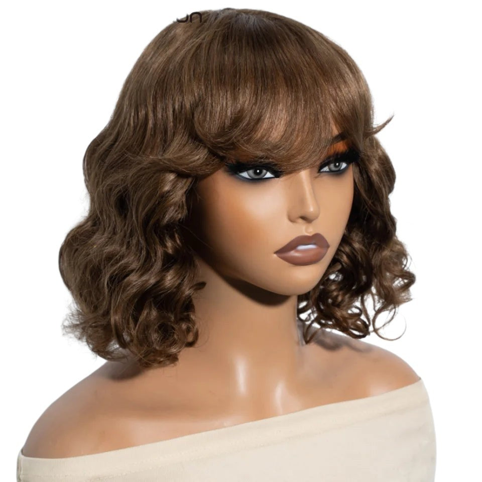 RitzWigs short brown body wave bob wig with bangs on a mannequin head, featuring soft curls and natural texture.