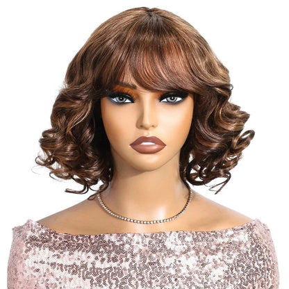 RitzWigs short brown body wave bob human hair wig with bangs on a mannequin wearing a sequin top