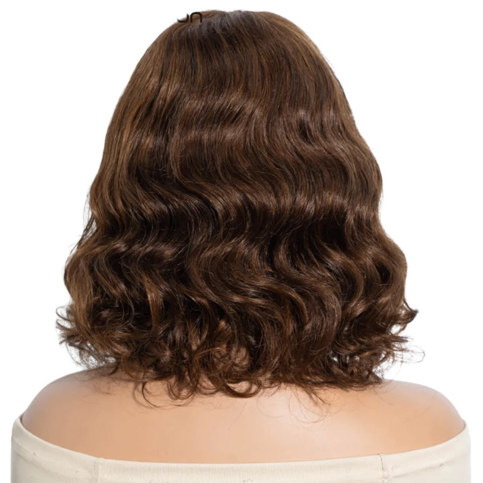 RitzWigs short brown body wave bob human hair wig viewed from the back on a mannequin
