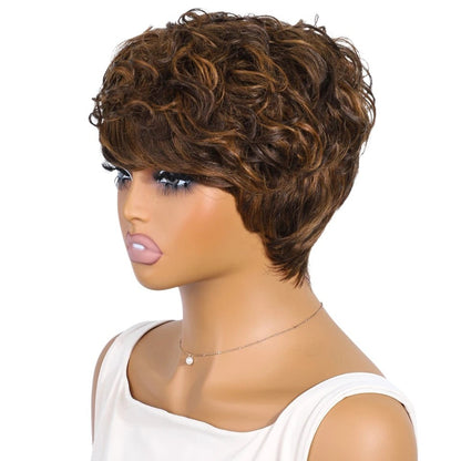 RitzWigs short mixed brown curly pixie cut human hair wig on a mannequin head, side profile view.