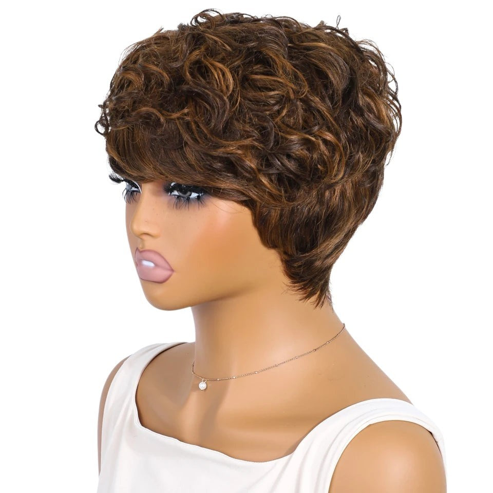 RitzWigs short mixed brown curly pixie cut human hair wig on a mannequin head, side profile view.
