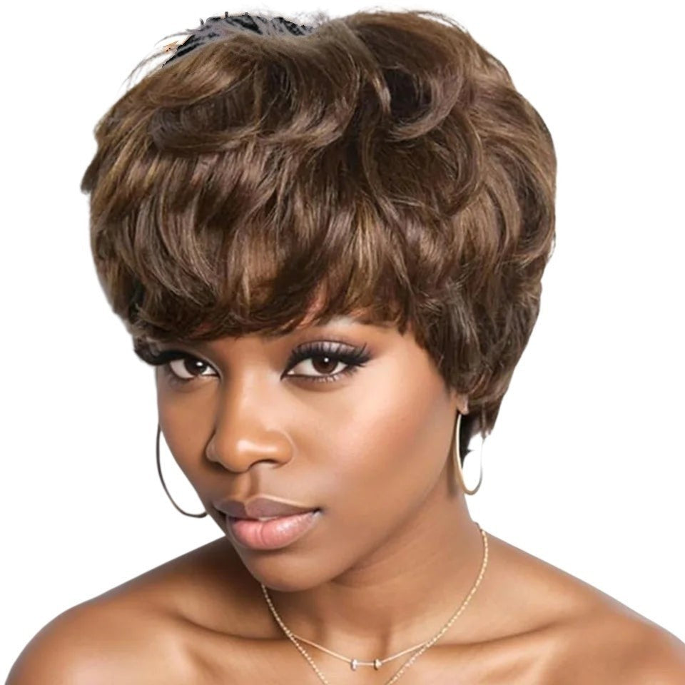 RitzWigs short mixed brown curly pixie cut human hair wig on a model with a side part
