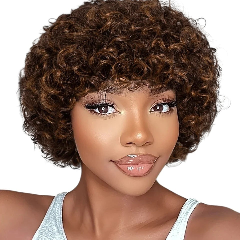 RitzWigs short natural brown kinky curly human hair pixie bob wig with bangs worn by a model