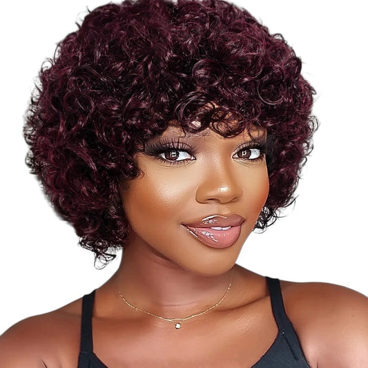 RitzWigs short natural brown kinky curly pixie bob wig with bangs on a model