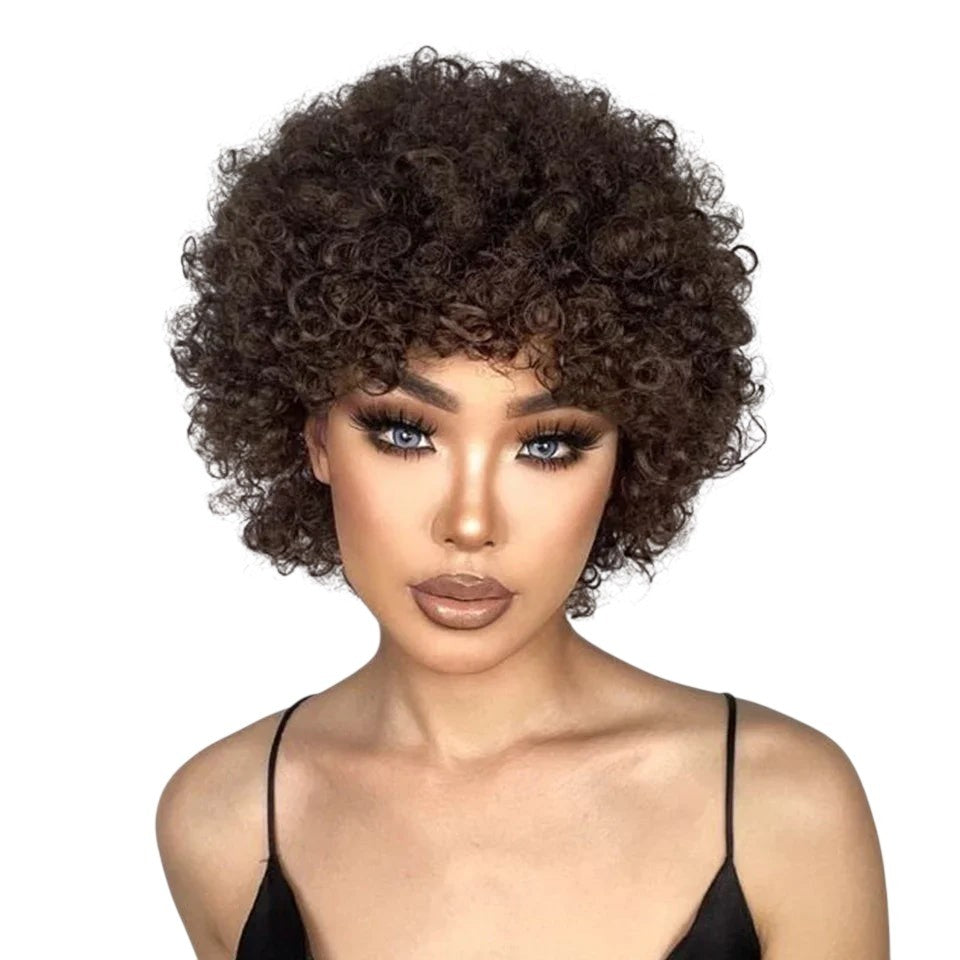 RitzWigs short brown afro kinky curly human hair wig with bangs worn by a model