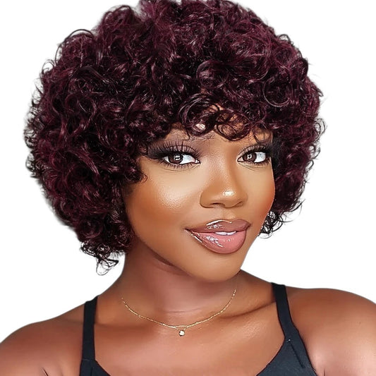 RitzWigs short natural brown afro kinky curly human hair bob wig with bangs worn by a model
