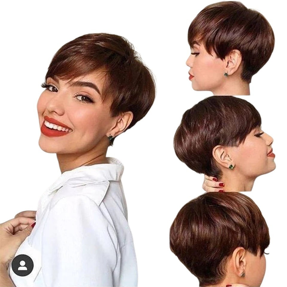 RitzWigs short brown straight pixie cut bob wig with bangs worn by a smiling woman, shown from multiple angles.