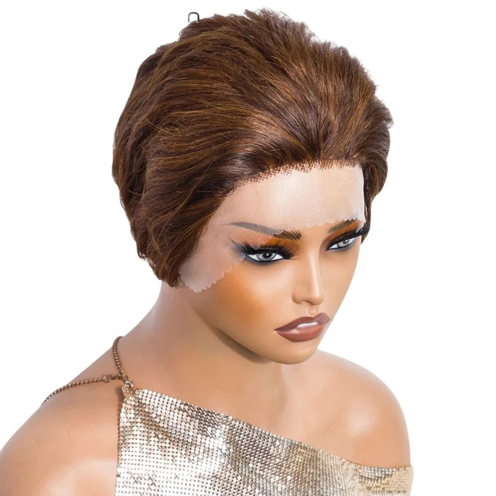 RitzWigs short brown pixie cut straight bob lace front human hair wig on a mannequin head