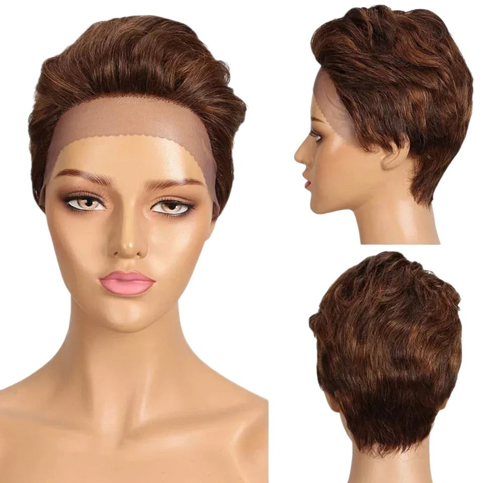 RitzWigs short brown pixie cut human hair lace front wig on a mannequin head showing front, side, and back views.