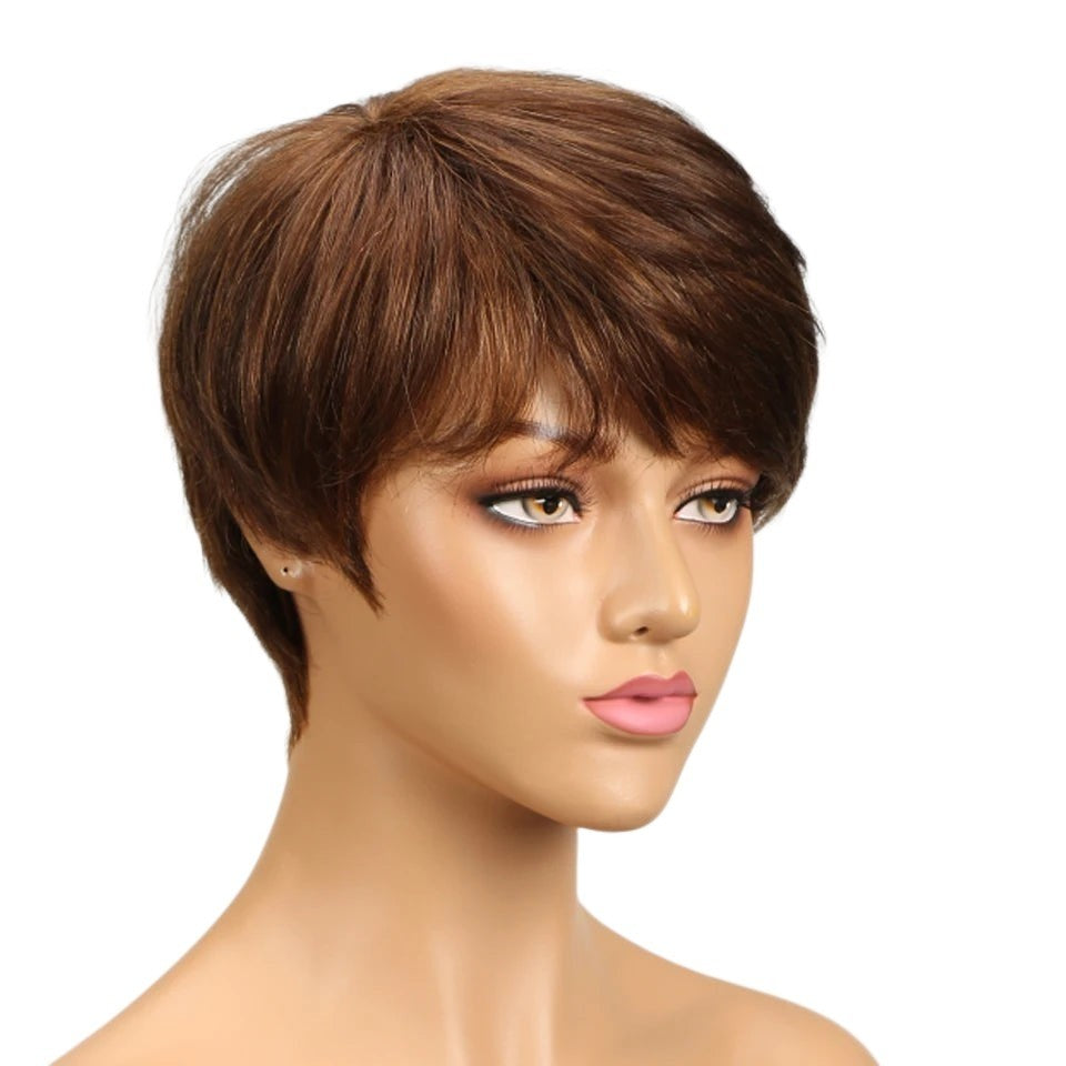 RitzWigs short brown pixie cut human hair wig with bangs on a mannequin head