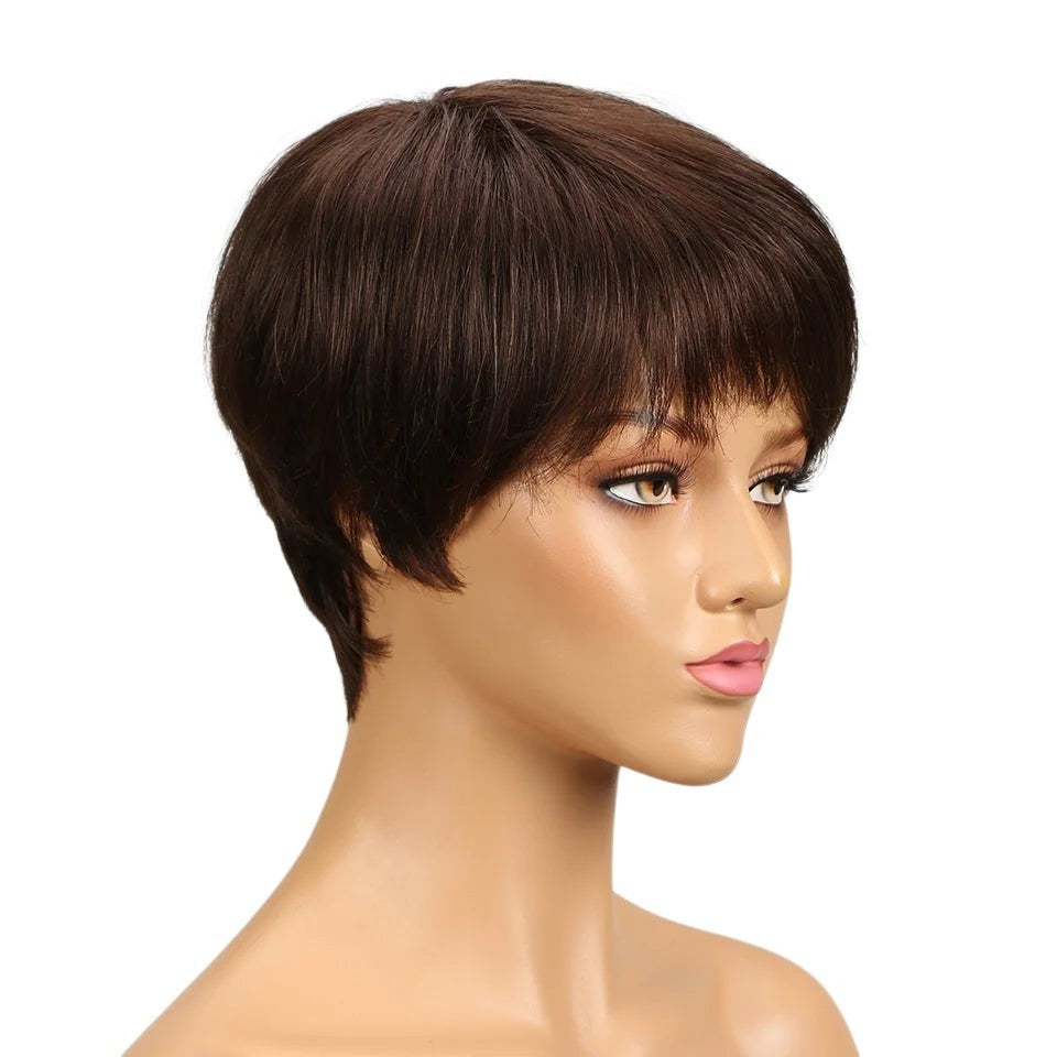 RitzWigs short brown pixie cut human hair wig with bangs on a mannequin head, side profile view.