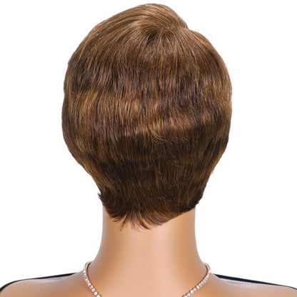 RitzWigs short brown pixie cut human hair wig on a mannequin head, back view showing straight layered texture.