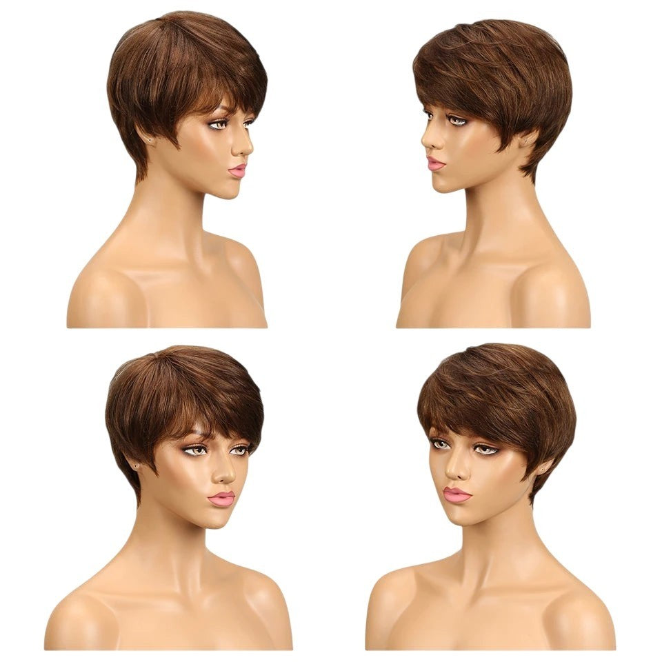 RitzWigs short brown straight pixie cut human hair wig with bangs on a mannequin head, showing multiple angles.