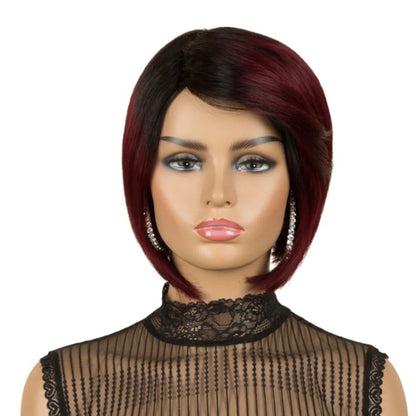 RitzWigs short straight bob human hair wig with a side part in a black and deep burgundy ombre colour on a mannequin