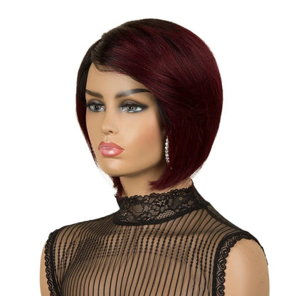 RitzWigs short straight bob human hair wig in deep burgundy and black with side-swept bangs on a mannequin head