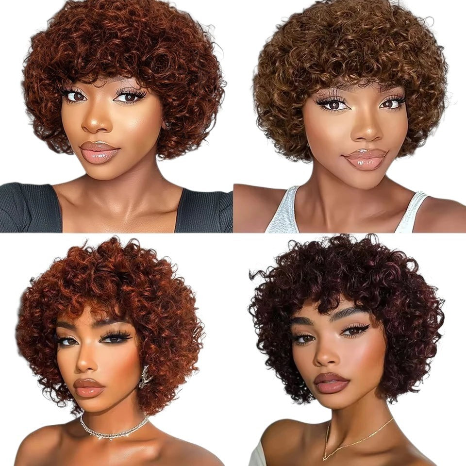 RitzWigs short natural brown afro kinky curly human hair wigs with bangs on four different models