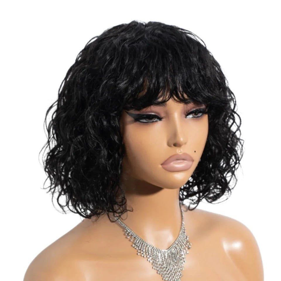 RitzWigs short curly bob wig in black with water wave texture on a mannequin head