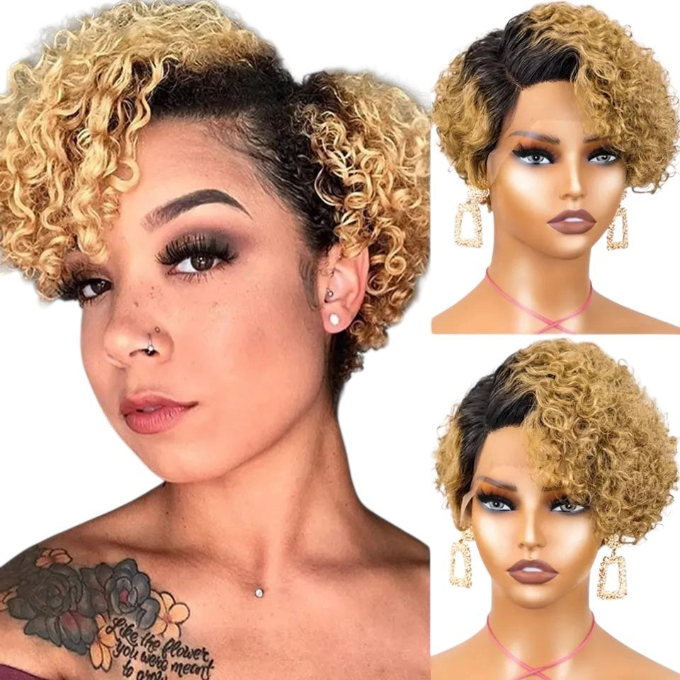 RitzWigs short curly pixie cut human hair wig with blonde highlights and transparent lace front on a mannequin
