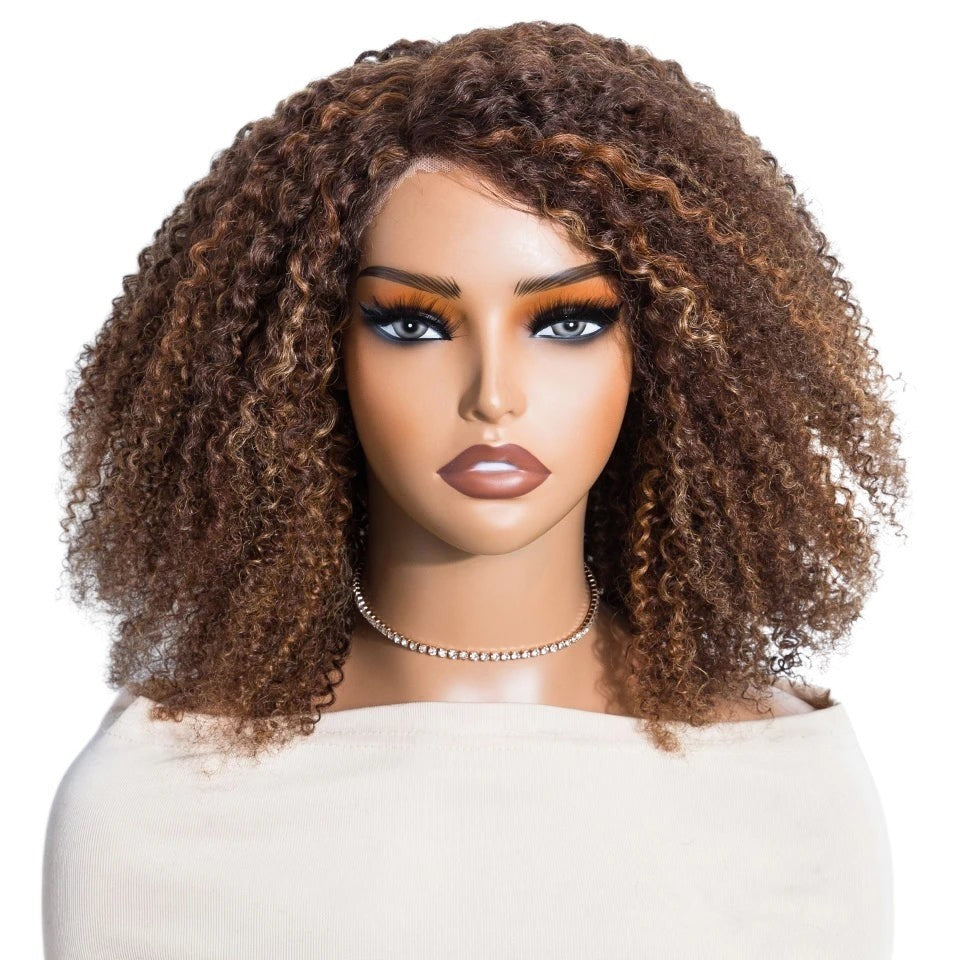 RitzWigs short curly bob human hair wig with water wave texture and transparent lace on a mannequin head