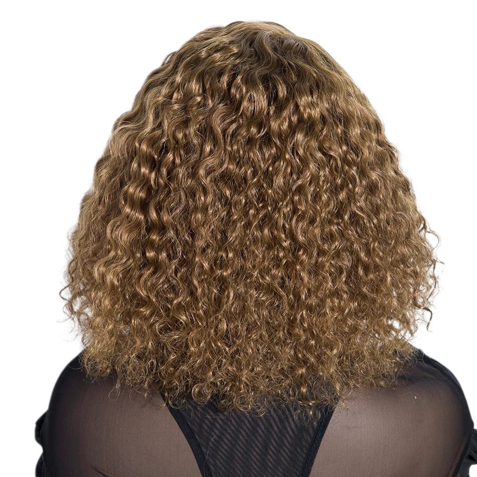 RitzWigs short curly bob human hair wig with water wave texture in a natural brown tone, back view
