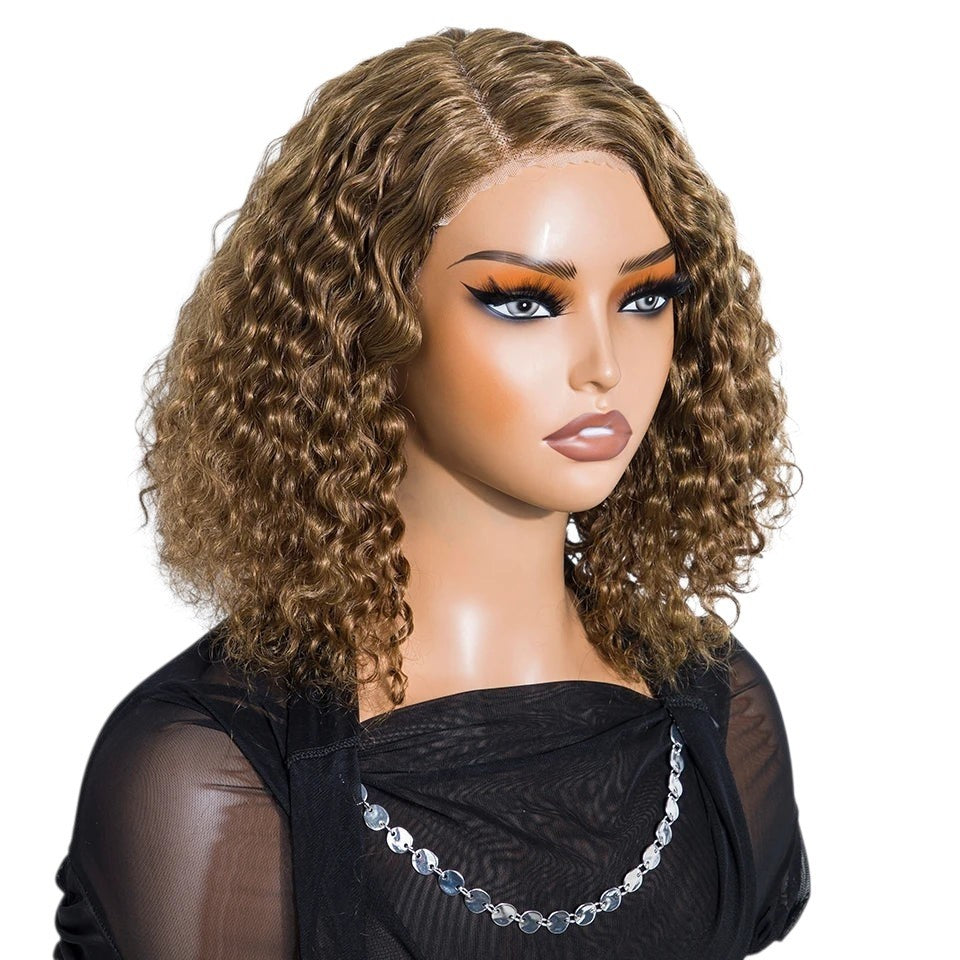 RitzWigs short curly bob human hair wig with water wave texture and transparent lace front on a mannequin head