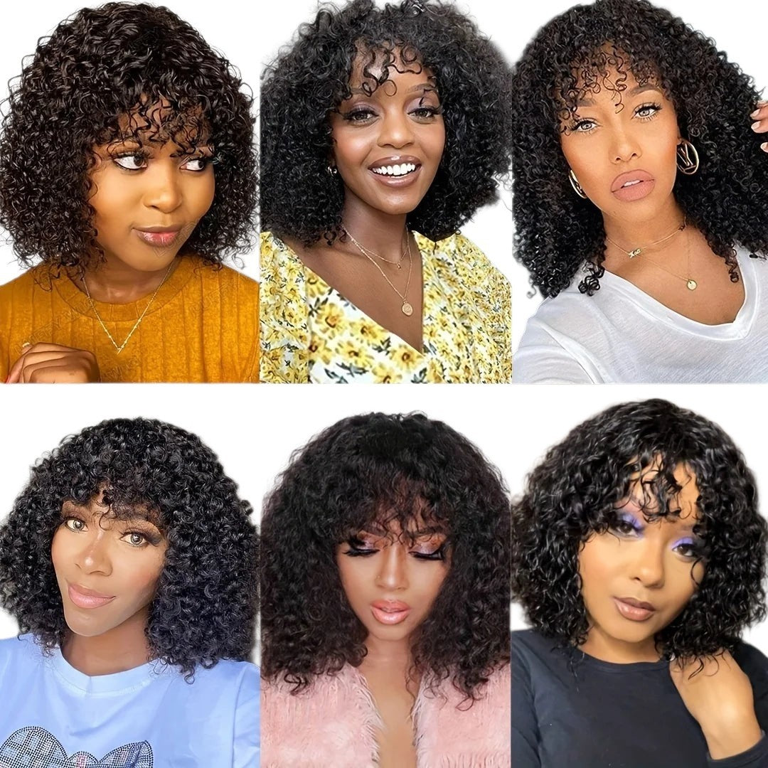 RitzWigs short curly human hair bob wig with bangs, featuring a natural jerry curl texture in black.