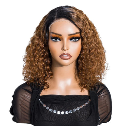 RitzWigs short curly bob human hair wig with dark roots and brown water wave texture on a mannequin head
