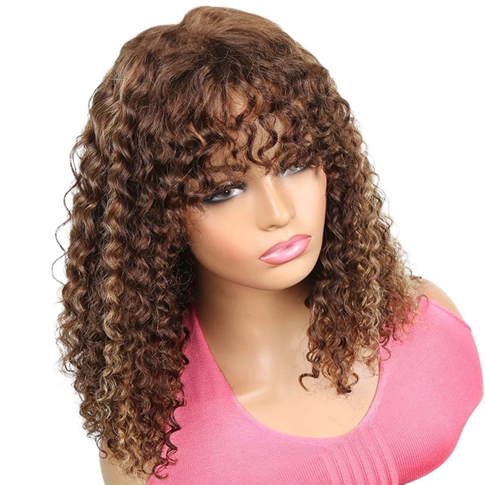 RitzWigs short curly human hair bob wig with bangs in a highlighted brown and black jerry curl style on a mannequin