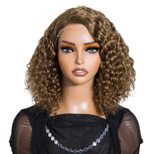 RitzWigs short curly bob human hair wig with a transparent lace front on a mannequin head