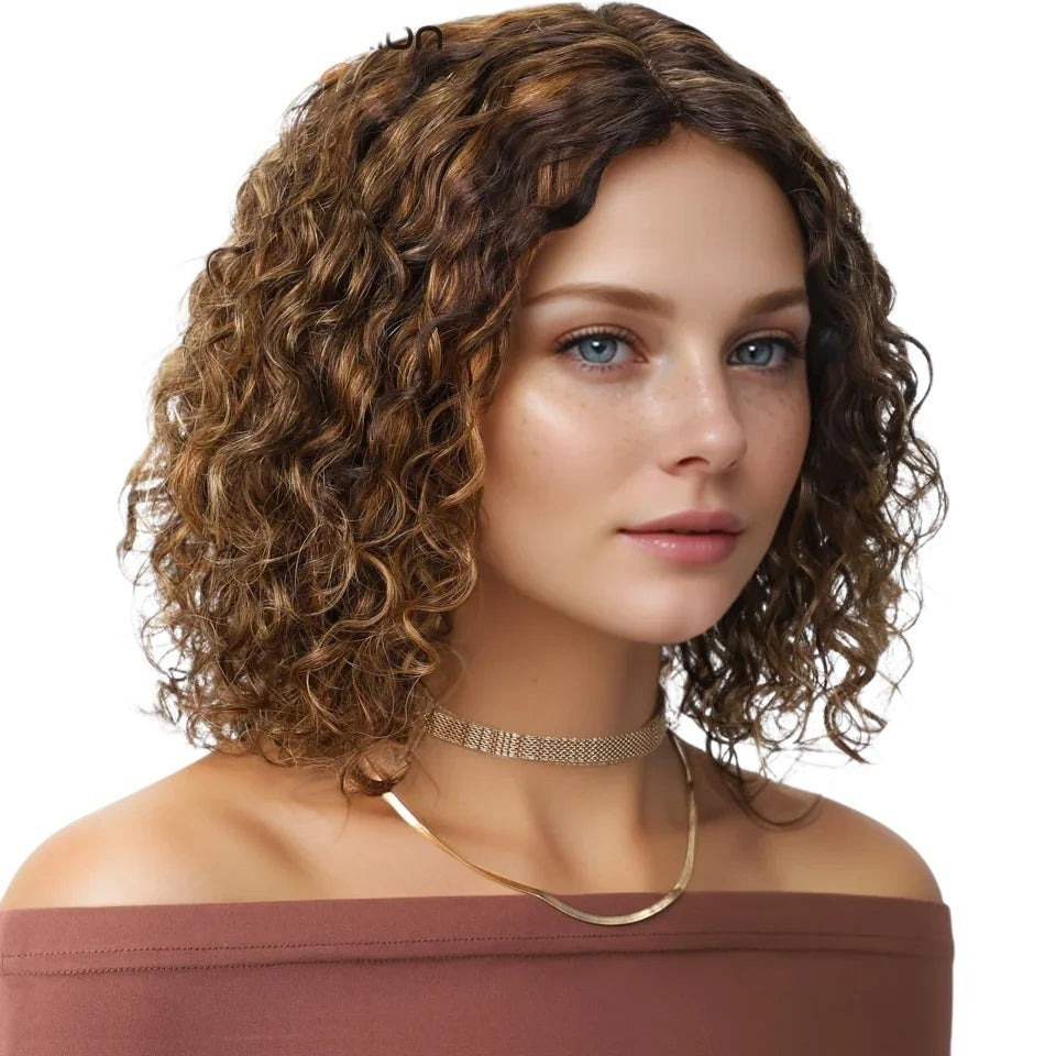 RitzWigs short kinky curly bob wig in brown and grey salt and pepper tones with a middle part on a model