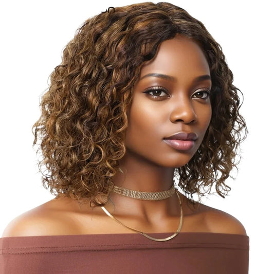 RitzWigs short kinky curly bob wig with brown and blonde highlights on a model with a middle part and Swiss lace base