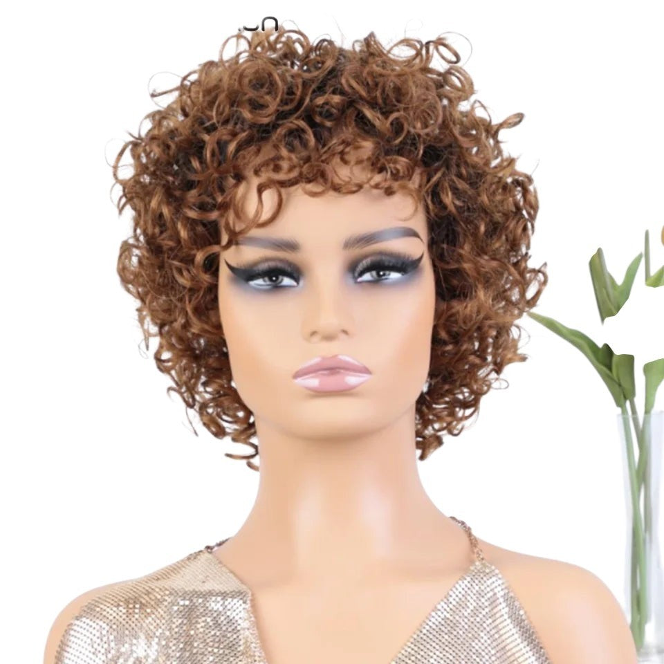 RitzWigs short curly ombre brown human hair bob wig on a mannequin head