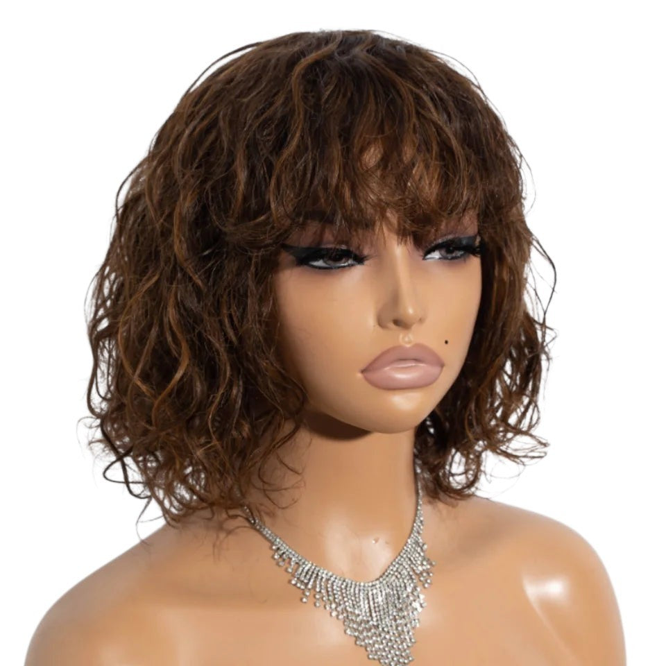 RitzWigs short curly bob wig in a warm brown tone with bangs on a mannequin head