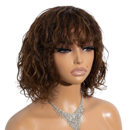 RitzWigs short curly bob wig in a warm brown tone with bangs on a mannequin head