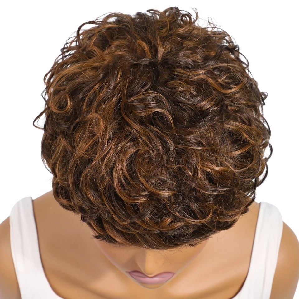 RitzWigs short curly pixie cut wig in mixed brown Brazilian Remy human hair, viewed from above on a mannequin.